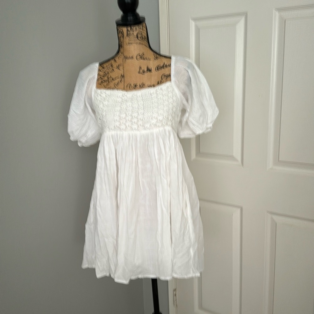 White cotton summer dress with crochet top .  Size small.